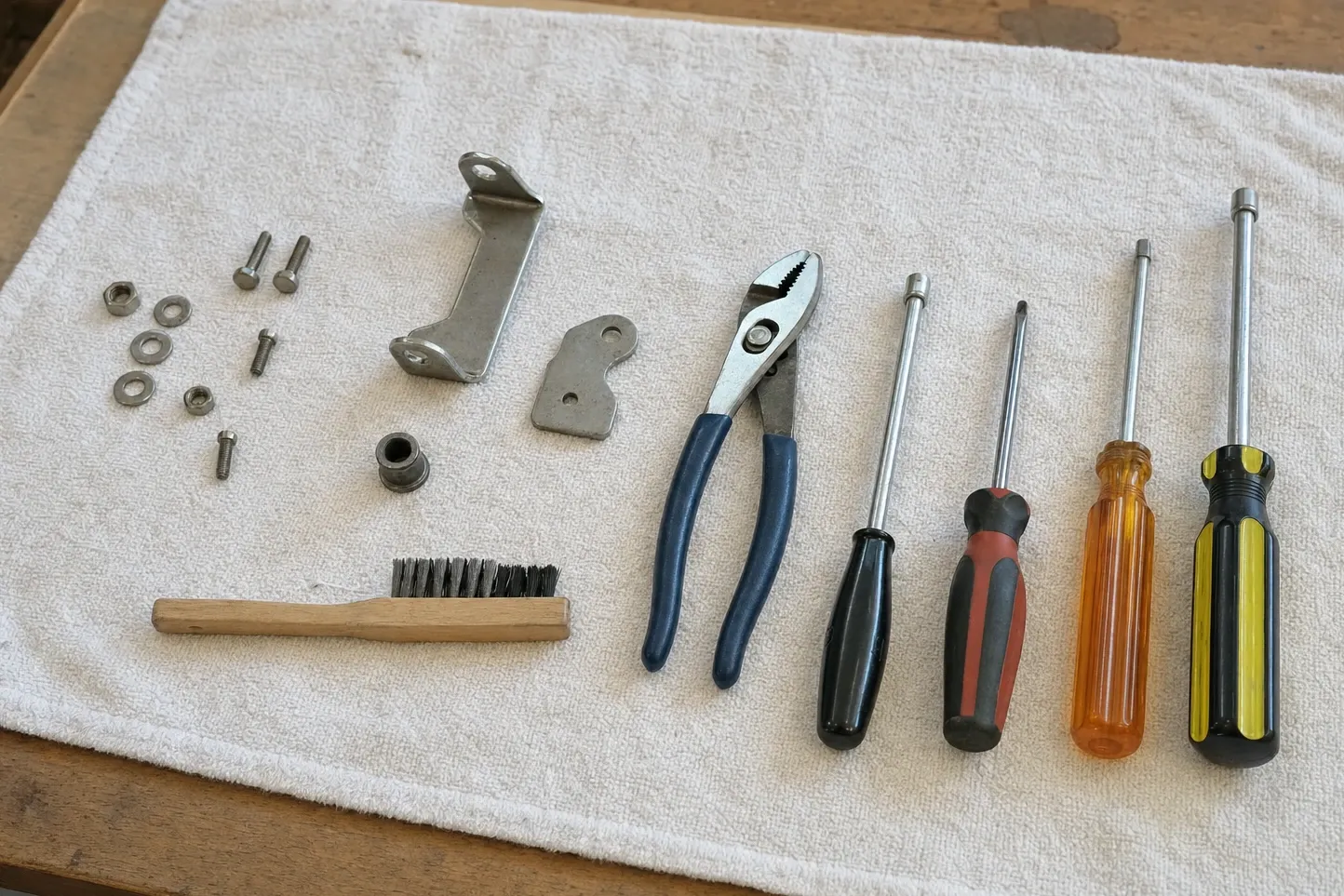Screwdrivers, nut drivers, slip-joint pliers, a wire brush and loose brackets and screws laid out on a white towel