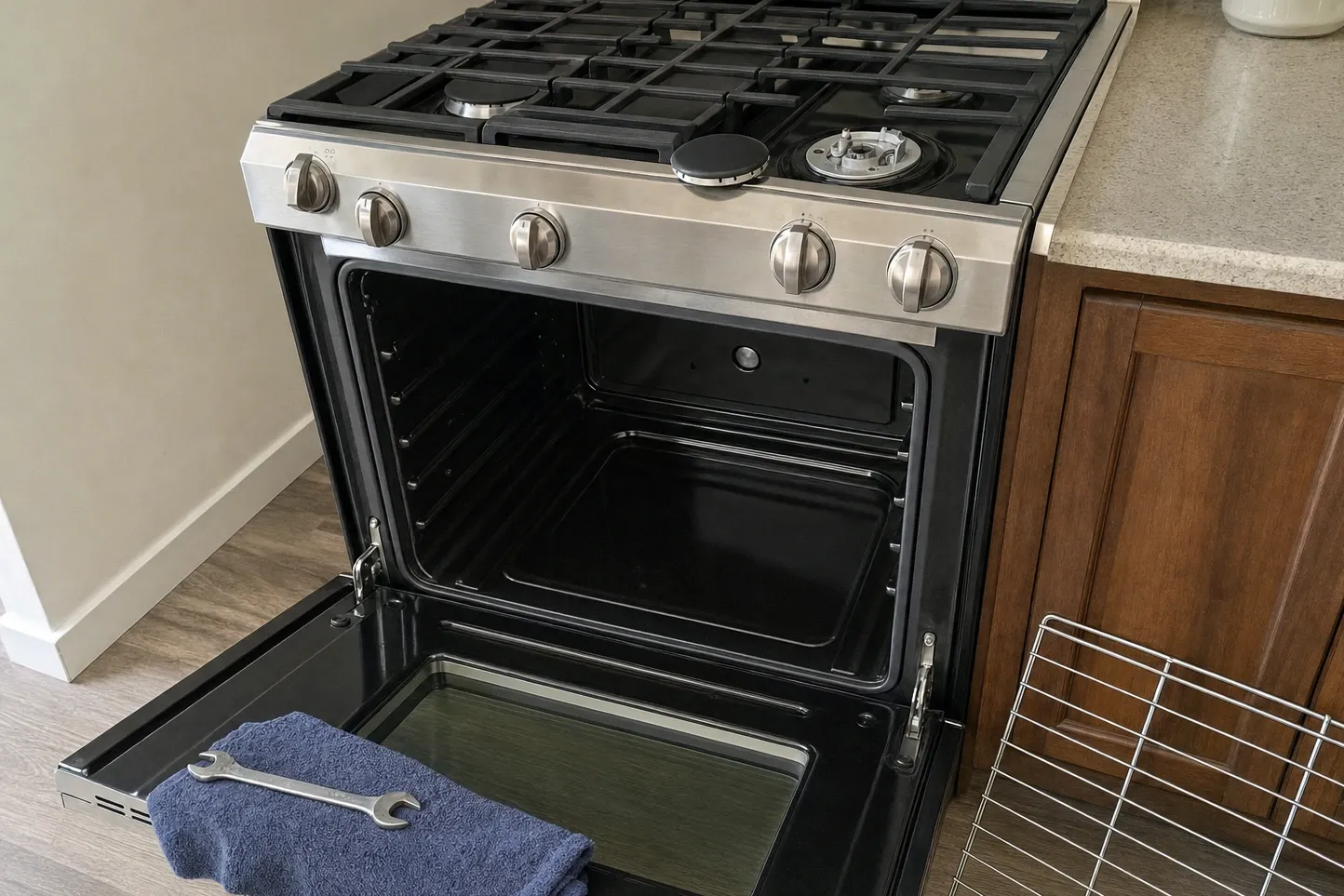 Slide-in gas range with a burner cap lifted off and the oven door open, a blue towel and wrench laid on the door