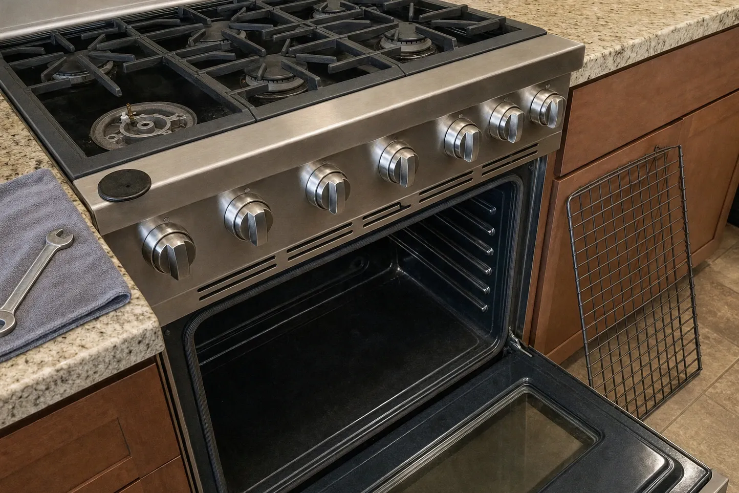 Row of six machined control knobs across the panel of a stainless gas range, one burner stripped to its igniter above