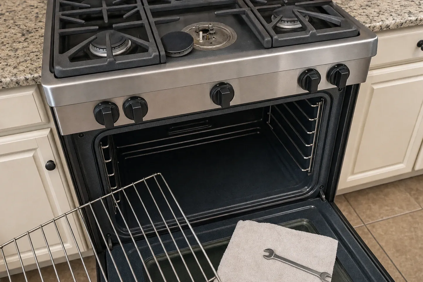 Oven rack pulled fully out on its guides into the foreground, the empty cavity and its shelf ladders behind it