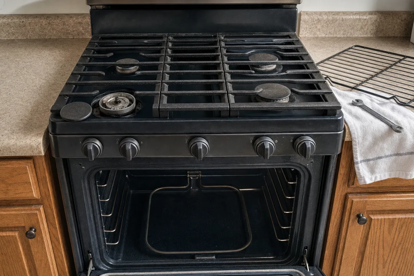 Tubular loop element sitting low inside a dark oven cavity, shelf ladders up both walls above it